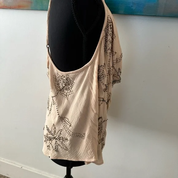 Free People Waiting For You Embellishing Beaded Tan Cami Cowl Neck Adjustable L - Picture 11 of 16
